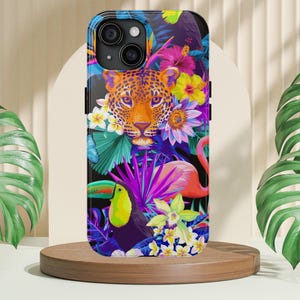 Tropical Jungle Case for iPhone 16 15 14 13 12 11 X 8 & 7 | Vibrant Animal Print iPhone Cover with Flowers, Toucan and Flamingo | Wildlife