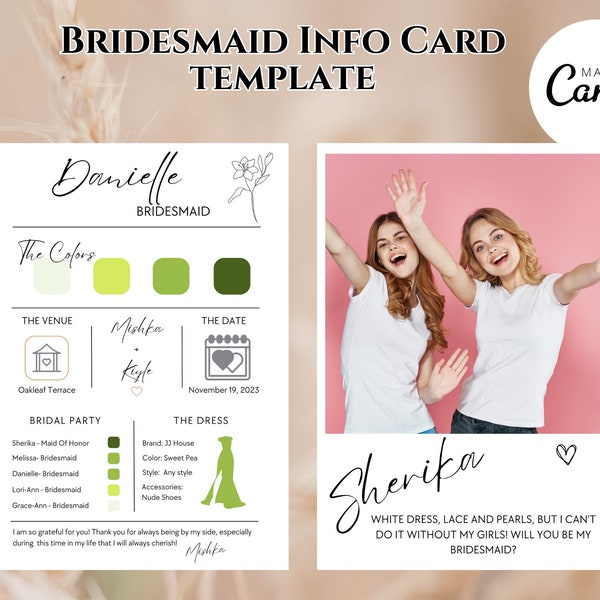 Bridesmaid Info Card Template, Bridesmaid Info Card, Bridesmaid Information Card, Bridal Party Info Card, Bridesmaid Proposal Card
