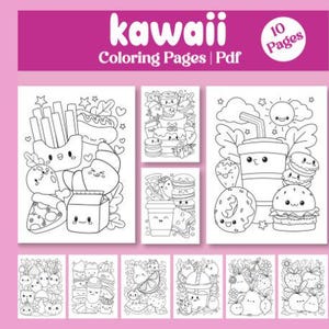 Könnte beinhalten: Zehn Schwarzweiß-Malvorlagen mit kawaii-Food-Illustrationen. Die Seiten enthalten Bilder von einem Hamburger, Pommes, Pizza, Donuts, Eiscreme und mehr.