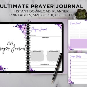 Könnte beinhalten: Druckbarer Gebetsjournal für 2024 mit floralen Designs in Lila und Weiß. Das Journal enthält Abschnitte für tägliches Gebet, Vers zum Beten, Gott loben für, Gott glauben für, Gott danken für und einen Abschnitt für eine Gebetsstrategie.