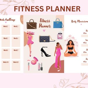 Könnte beinhalten: Ein Fitnessplaner mit einem 12-Wochen-Herausforderungsraster, einer Tabelle mit Körpermaßen und Illustrationen von Frauen und Accessoires. Der Planer hat ein rosa-braunes Farbschema.