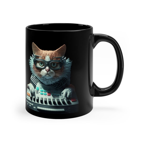 Scifi Synth Cat, Science Fiction Coffee Mug, Tea Cup, Animal Fantasy Cat Mug, Keyboard Synth Cat, Gift for Friend or Lover