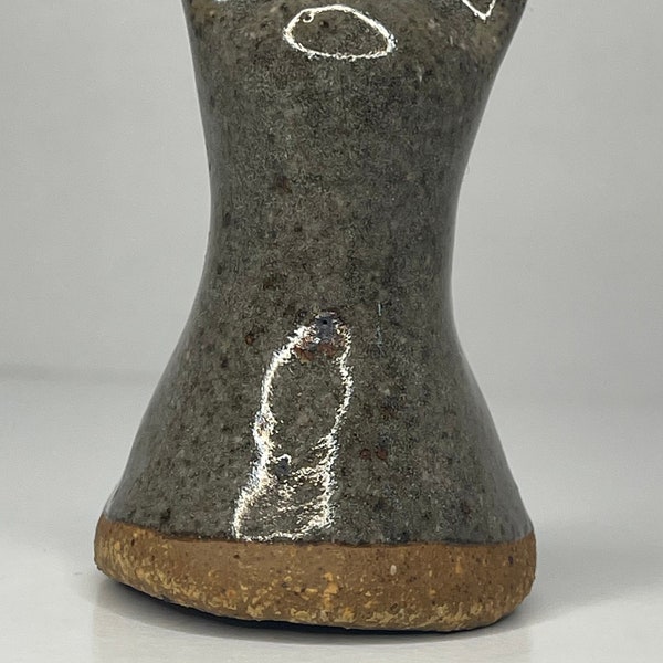 Raku pottery ceramic cat figurine. Dark Grey and Brown spots and craquelure. Ceramic sculpture