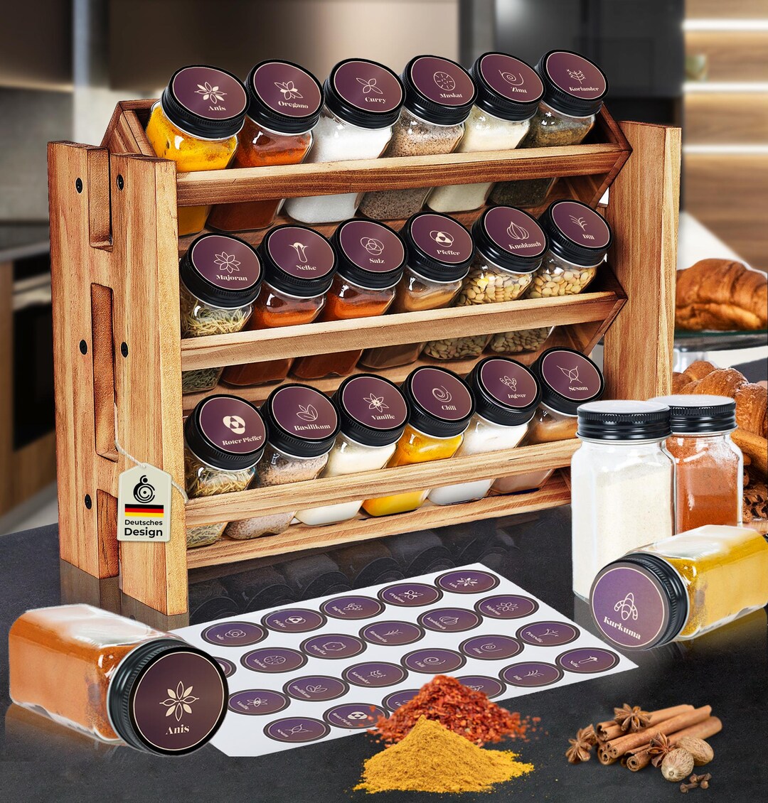 Rustic Spice Rack Wood Standing & Wall WITH 18 SPICE JARS 28 LABELS ...