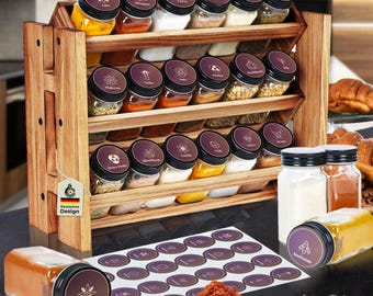 Rustikales Gewürzregal Holz Stehend & Wand MIT 18 GEWÜRZGLÄSER 28 ETIKETTEN   Spice Rack Kitchen Shelf Wood Vintage Gewürzständer Hängend