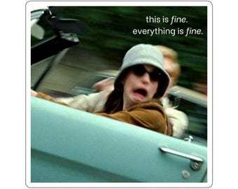 May include: A woman in a blue hat and sunglasses is driving a car. The text "this is fine. everything is fine." is written on the image.