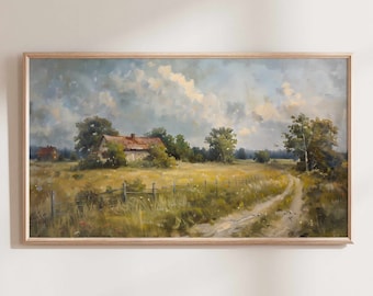 Vintage Farmhouse Landscape Painting, Samsung Frame TV Art (Digital Download)