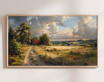 Vintage Farmhouse Landscape Painting, Samsung Frame TV Art (Digital Download)