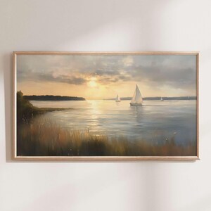 Sailboat Seascape Samsung Frame TV Art, Vintage Coastal View, Samsung TV Art, Rustic Coastal Art, Sailboat Tv Art, Tv Art Download