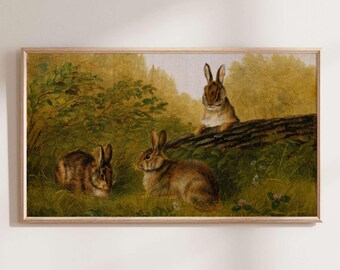 Vintage Rabbit Painting, Rustic Farmhouse TV Art (Digital Download)