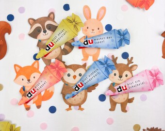 Duplo Einschulung Vorlage: Waldtiere mit Schultüte, Druckvorlage PDF | Geschenkidee zum Schulanfang | D38