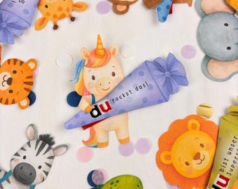 Duplo Einschulung Vorlage: Safari-Tiere mit Schultüte, Druckvorlage PDF | Schulanfang | D35