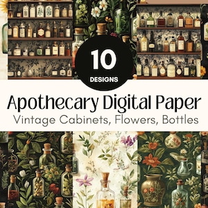 Pode incluir: Um pacote de papel digital com 10 designs com armários de farmácia vintage, flores e garrafas. Os designs são em um esquema de cores verde escuro, marrom e branco.