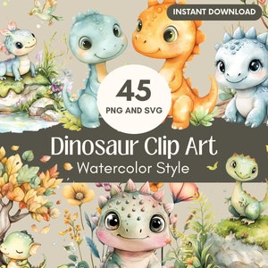 水彩画の赤ちゃん恐竜のクリップアート、かわいい恐竜の PNG と SVG、保育園の装飾、子供のパーティーの招待状、スクラップブック、恐竜シャツの工芸品、DIY