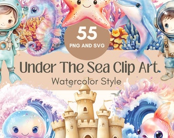 Watercolor Sea Animals Clip Art Under the Sea PNG & Cute Sea Creatures SVG Ocean Life Bundle for Crafts Nursery Decor Party Invitations Kit