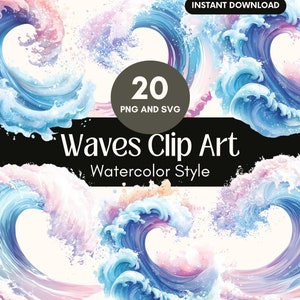 May include: 20 watercolor style wave clip art images in blue, pink, and white.  PNG and SVG files included.  Instant download.