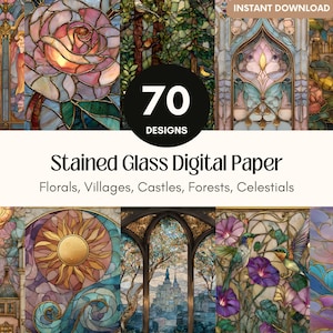 Stained Glass Digital Paper, Floral and Celestial Glass Designs, Enchanted Castle, Cozy Village Backgrounds for Junk Journal & Scrapbooking