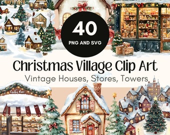 Christmas Village Clip Art Retro Christmas PNG and SVG Vintage Holiday Junk Journal Kit and Printable Ephemera Retro Holiday Decor & Crafts
