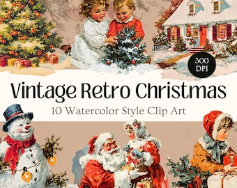 Clipart Noël rétro vintage Art numérique Noël Carnet de vacances rétro des années 1950 Art de l'aquarelle Téléchargement instantané numérique éphémères