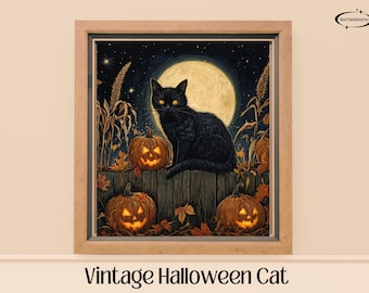 Vintage Halloween Wall Art Cat Digital Download Retro Black Cat Print Spooky Decor for Halloween Printables DIY Crafts Home Decor Prints