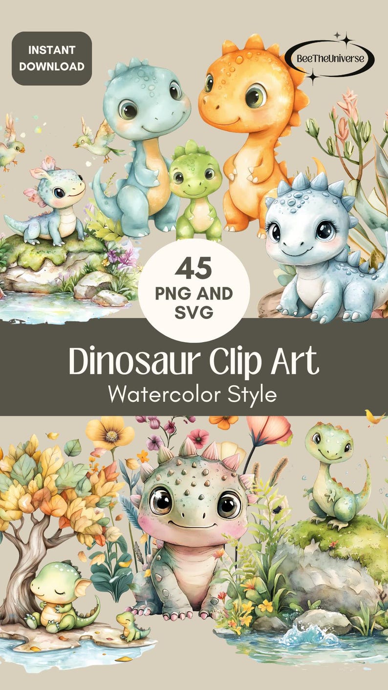 Watercolor Baby Dinosaurs Clip Art Cute Dinosaur PNG & SVG Nursery ...