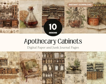 Papel digital con diseños de armarios de boticario vintage, muebles antiguos, diseños de armarios antiguos, acuarela, kit de diario mágico y esotérico.