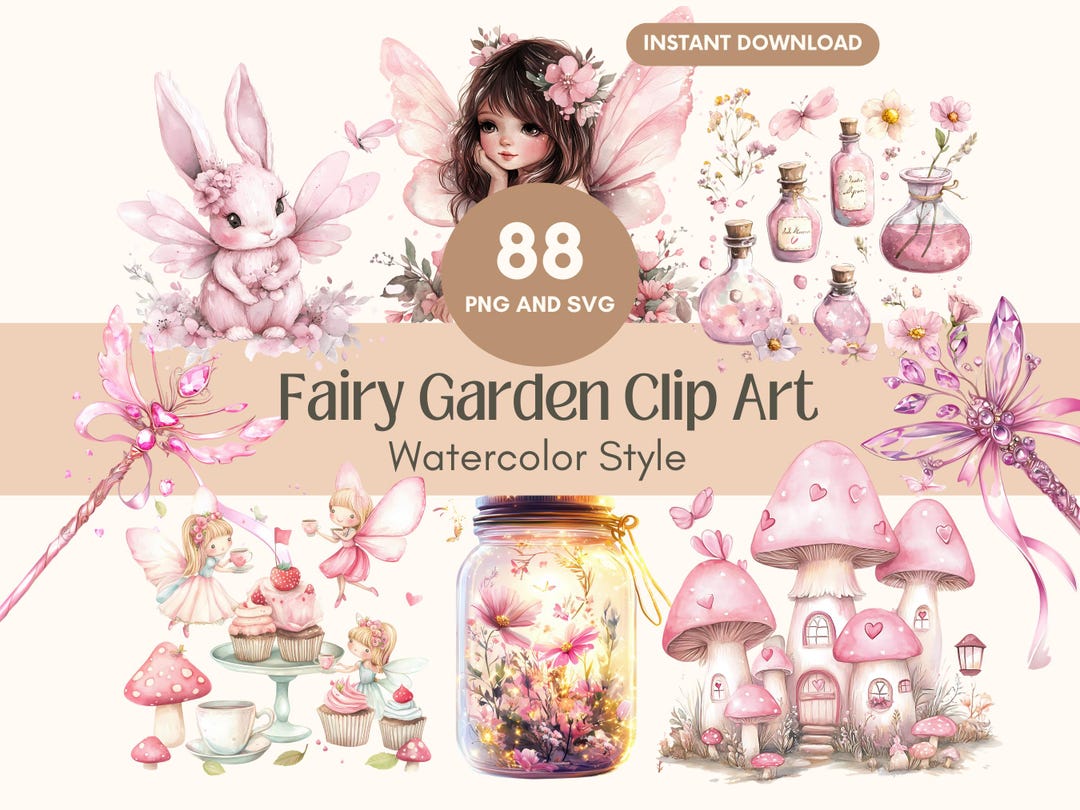 Fairy Garden Clip Art, Pink Fairy PNG and SVG, Enchanted Floral Digital ...