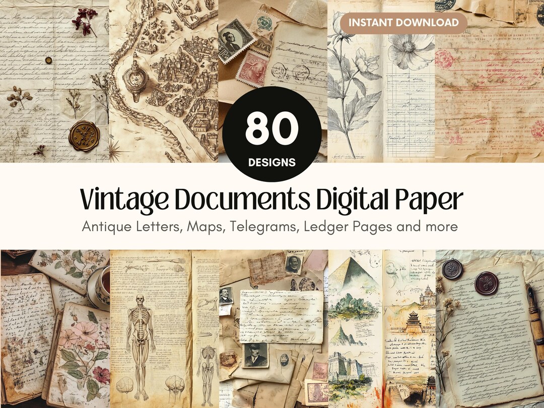 Vintage Documents Junk Journal Ephemera Pack Antique Digital Paper Kit ...