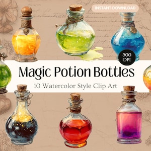 Può includere: Illustrazione ad acquerello di dieci bottiglie di pozioni magiche con tappi di sughero. Le bottiglie contengono liquidi colorati nelle tonalità del giallo, verde, blu, arancione, rosso e viola. L'immagine include il testo "Magic Potion Bottles" e "10 Watercolor Style Clip Art."