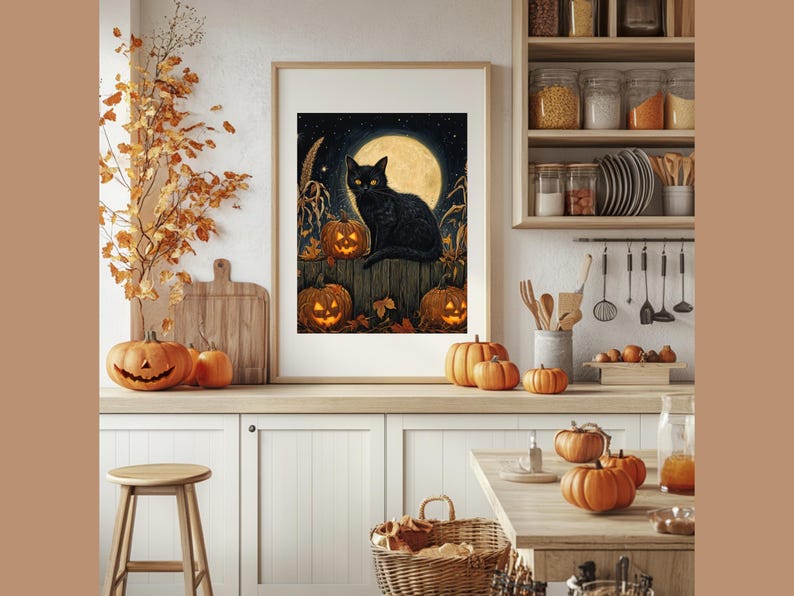 Vintage Halloween Wall Art Cat Digital Download, Retro Black Cat Print ...