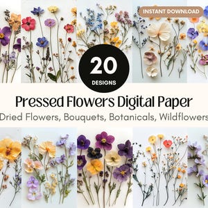 Geperste bloemen digitaal papier, patronen van gedroogde wilde bloemen, vintage botanisch papier, apothekersbloemachtergronden, scrapbooking junk Journal
