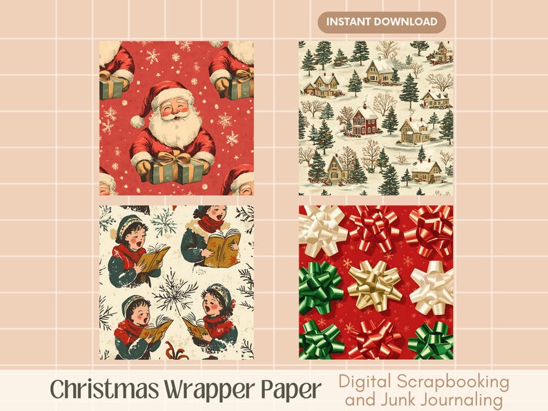 Vintage Christmas Digital Paper Holiday Junk Journal Kit Printable ...