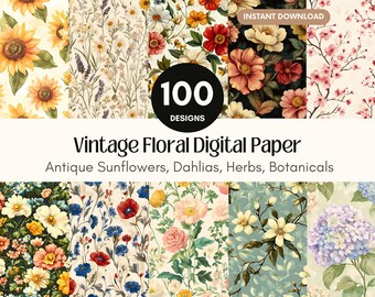 Vintage Floral Digital Paper Antique Flower Junk Journal Retro Botanical Printable Vintage Flower Seamless Pattern Antique Floral Paper