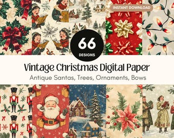 Könnte beinhalten: Ein digitales Papierpaket mit 66 Vintage-Weihnachtsdesigns mit antiken Weihnachtsmännern, Bäumen, Ornamenten und Schleifen. Die Designs sind in verschiedenen Farben gehalten, darunter Rot, Grün, Weiß und Gold.
