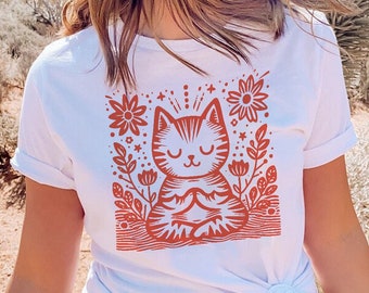 Camiseta Just Breathe para meditación, camiseta para mujer, camiseta de diente de león para instructora de yoga, camiseta boho de flor de viento para meditación, gato meditando