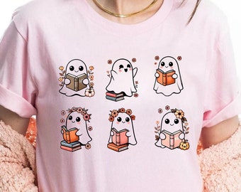 Camiseta retro de lectura de fantasmas de Halloween, regalo espeluznante para amantes de los libros, perfecta para profesores y bibliotecarios, camiseta de Halloween de moda para ratones de biblioteca.