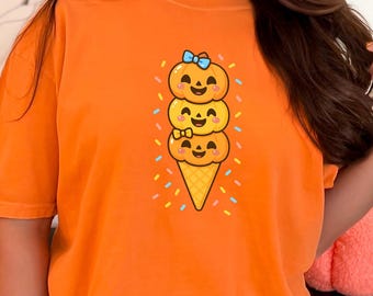 Regalo para amantes del helado, camiseta de cono de calabaza de Halloween, linda camiseta de postre de otoño kawaii para amantes de los dulces, camiseta de golosinas espeluznantes, camiseta a juego