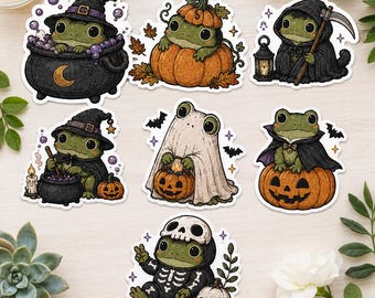 7 Sticker Set Spooky Frog Sticker Pack Halloween Frog Witch Frog Ghost Frog Pumpkin Frog Cute Gothic Waterproof Vinyl Decals