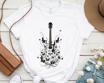 Guitar Shirt With Butterflies For Music Teacher Electric Guitar Tshirt Country Music Gift For Rock Music Teacher Guitar with Butterfly tee