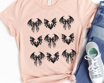 Camiseta de Halloween con lazo y murciélagos, estética coqueta, espeluznante, para chica, con collage de cintas, estilo club social, moda festiva de Halloween