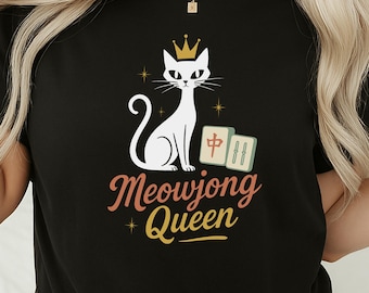 Meow Jongg Mahjong Cat Shirt Funny Cat Lover Gift for Mahjong Player Pet Mom Tee Cute Kitty Tile Game Night Outfit Feline Gamer