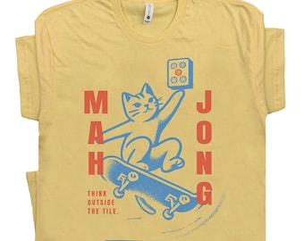 Mahjong Cat Skateboard Shirt Gift for Mahjong Player Funny Skater Cat Lover Tee Retro Chinese Tile Game T-Shirt Cute Kawaii Outfit Matching