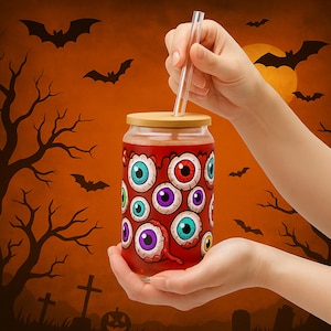 Spooky Eyeball Halloween Sipper Glass Cup Gift for Horror Lover Goth Friend Halloween Host Creepy Cocktail Barware Scary Party Tumbler 16oz