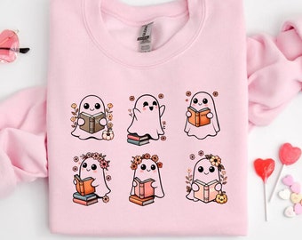 Camisa retro de lectura de fantasmas de Halloween. Regalo espeluznante para amantes de los libros, maestros y bibliotecarios. Prenda de Halloween de moda, perfecta para ratones de biblioteca.