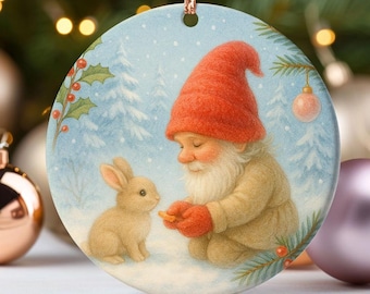 Nordic Gnome Christmas Ornament Gift for Scandinavian Holiday Lovers Woodland Winter Gnome Decor Cute Forest Bunny Ornament