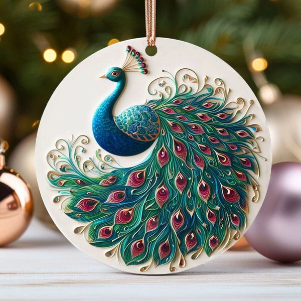 Peacock Ornament Elegant Christmas Ornaments Home Decor SVG Round Ceramic Gift Animal Ornament for Animal Lover Xmas Gift for exchange idea