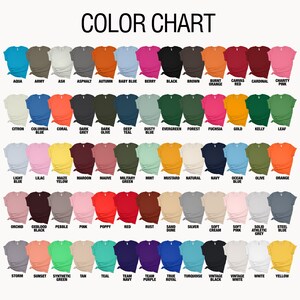 May include: A color chart displaying a variety of t-shirt colors, including aqua, black, and red. The text "COLOR CHART" is at the top. Each color is represented by a t-shirt sample with the color name below.