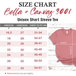 Peut inclure: Tableau des tailles pour le t-shirt &agrave; manches courtes unisexe Bella + Canvas 3001. Le tableau indique les tailles XS &agrave; 3XL avec les mesures de poitrine et de longueur correspondantes en pouces. Le tableau comprend &eacute;galement une mesure de poitrine &agrave; ajuster en pouces.
