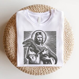 Jesus Holding Dinosaur Shirt Funny Tshirt Offensive Shirts Weird Unusual Cool Christian Shirts Christ Graphic Tee Cute Dino Shirt With Jesus image 3