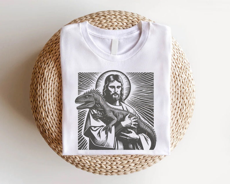 Jesus Holding Dinosaur Shirt Funny Tshirt Offensive Shirts Weird Unusual Cool Christian Shirts Christ Graphic Tee Cute Dino Shirt With Jesus image 3